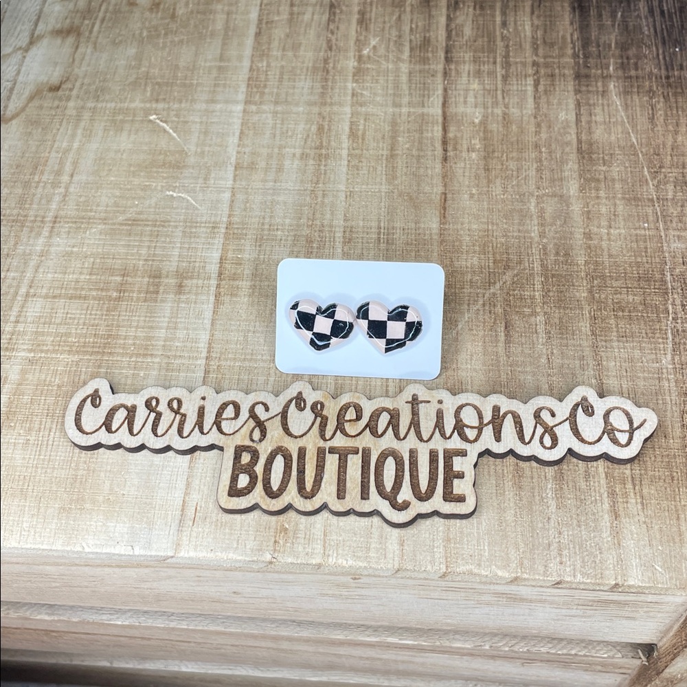 CarriesCreationsCo Black & White Checkered Heart Stud Earrings
